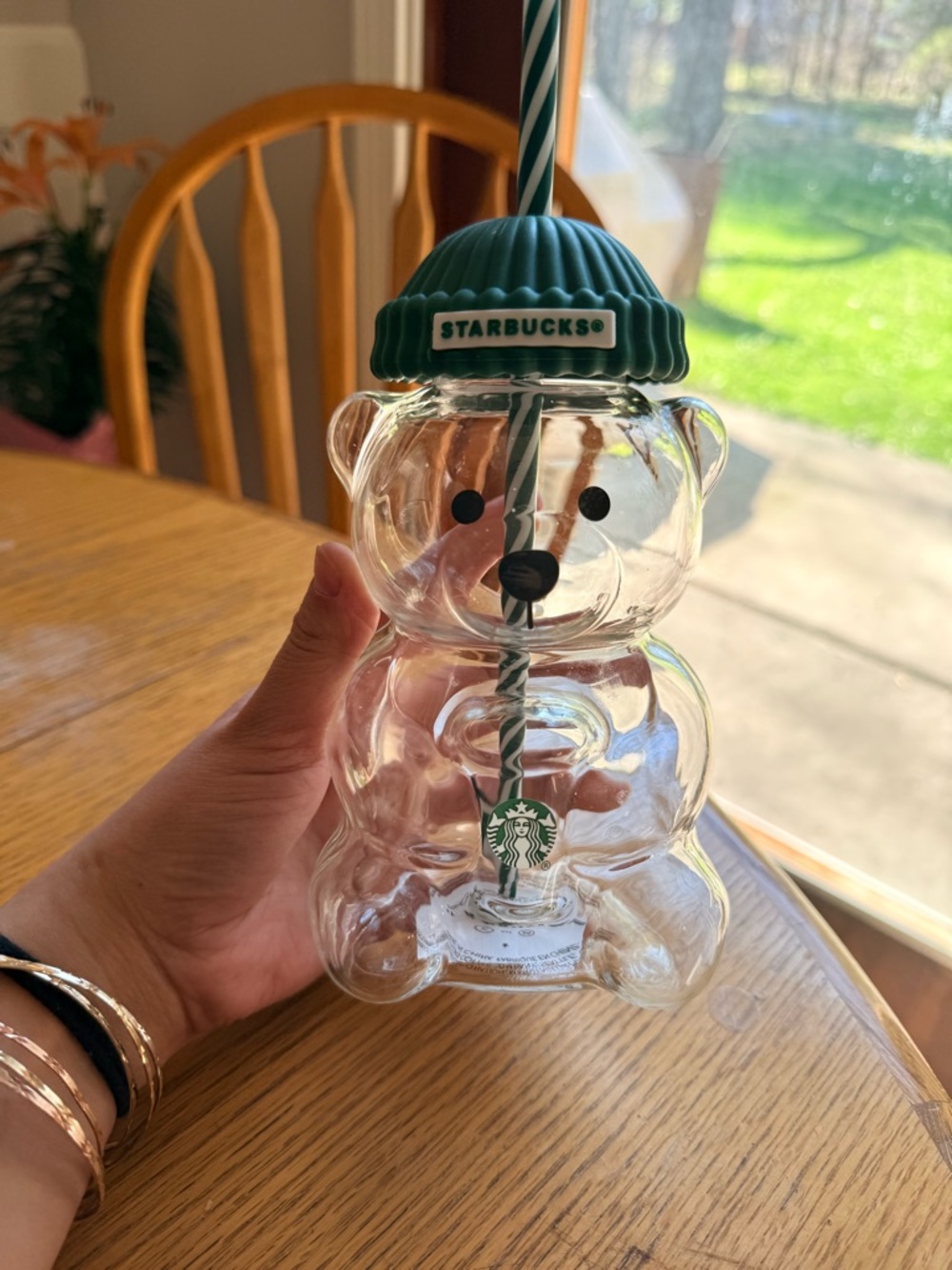 Clear Bear Tumbler with Dark Green Beanie and Striped Straw